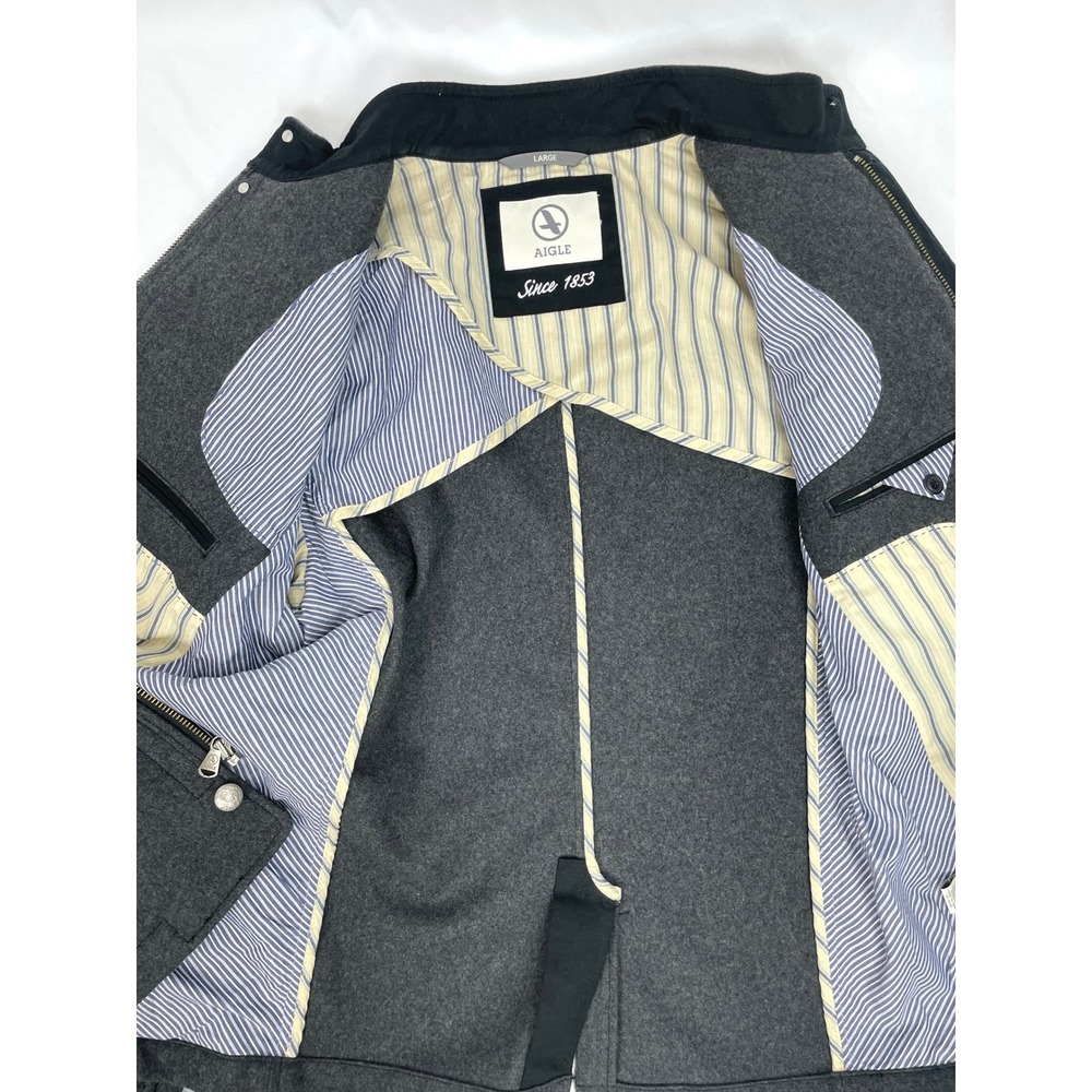 Aigle Wool Coat Men‎ Large Gray Military Style Zipper Button Closure Utility - Picture 3 of 9